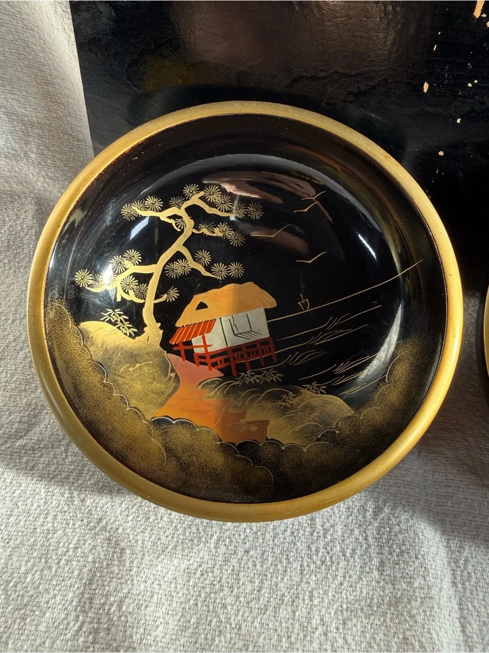 Vintage Japanese Black Lacquer Decorative Wall Hanging Plates - Set of 2